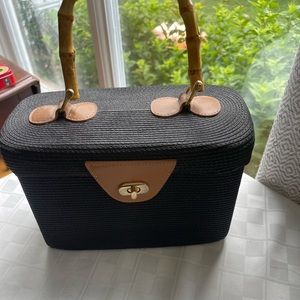 Black woven bag with leather trim and Bamboo handles